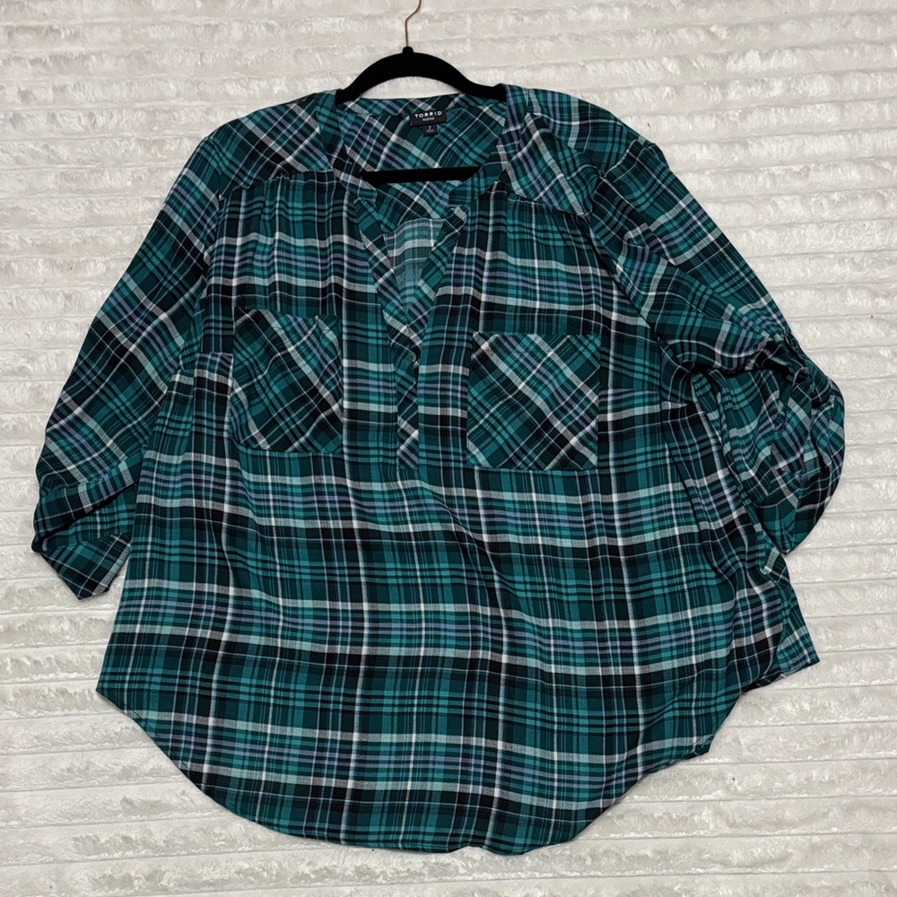 Torrid Teal and Black Plaid Shirt